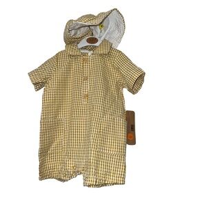 Liam & James One-piece Gingham Seesucker Romper With Hat Infant Boy 6-9Mo Golden